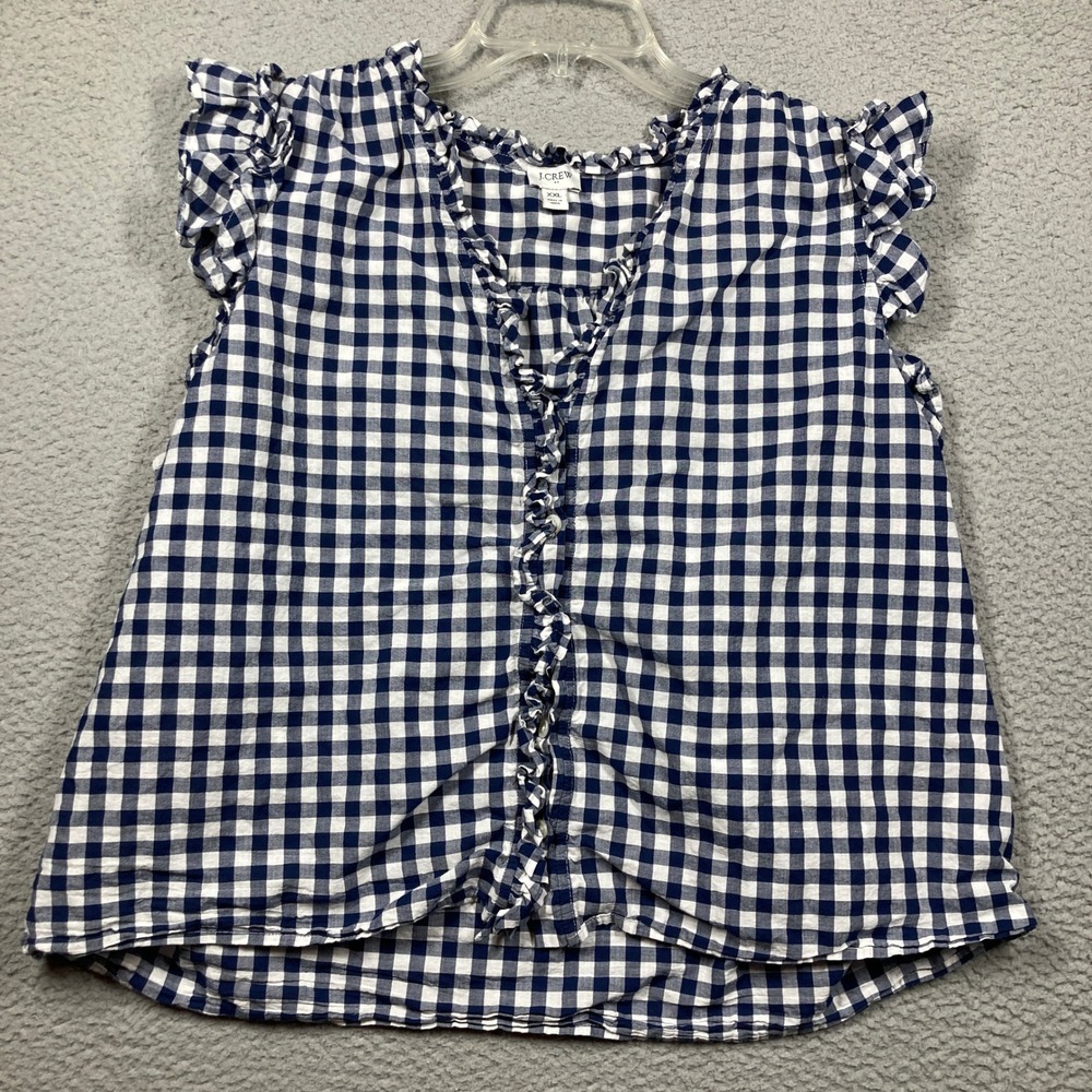 J. Crew Navy and White Gingham Ruffle Sleeve Blouse